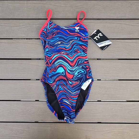 TYR Durafast Elite Heatwave Red/white/blue Cutoutfit Girl 1 Piece Sz 24 New - Picture 1 of 3